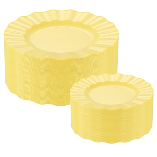 ISFANGCO 60Pcs Yellow Plates Heavy Duty Ware Yellow Plastic Plates Disposable Fancy 30 Dinner & 30 Dessert Plates for Spring Easter Party Wedding(30Guests)