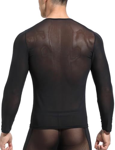 Men's Mesh T Shirt See Through Lounge Long Sleeves Sexy Sheer Muscle Tee Tops Breathable Undershirt Clubwear4