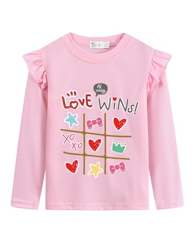 Tkria Valentine Girl Shirt Love Heart Bees Dinosaurs Kisses and Hugs Ruffle Long Sleeve Tee Top 1-7 Years