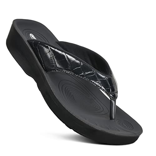 AEROTHOTIC Flip Flops for Women with Arch Support Plantar Fasciitis Orthopedic Cushioned Footbed Comfortable Non-Slip Sole with Padded Straps Dressy Casual Recovery Women Sandals, Felice Black, 8