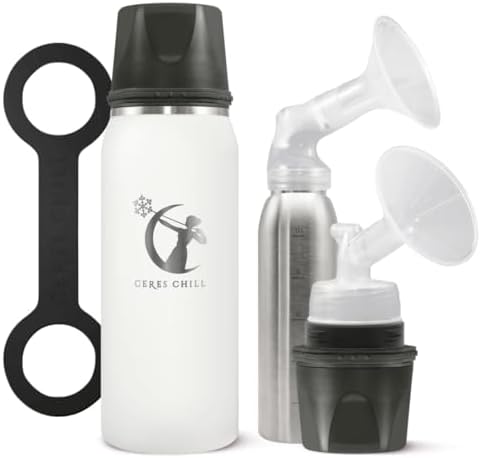 Breastmilk Chiller Reusable Storage Container by CERES CHILL | Cooler - Keeps Milk at Safe temperatures for 20+ Hours | Bottle Connects w/Most Major Pumps, 12oz (1 Chiller, Future’s So Bright White)