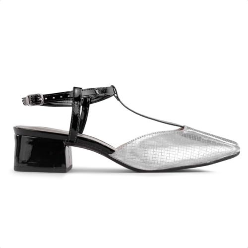 Scarpin Via Uno Salto Bloco Baixo Verniz Feminino (Prata/Preto, BR, Adulto, Numérico, 36)