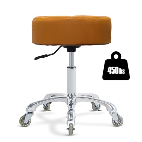 Rolling Stool with Wheels Adjustable Height, Roller Stool for Massage Medical Tattoo Spa, Heavy Duty Swivel Desk Stool (Super Thick Cushion, Camel)