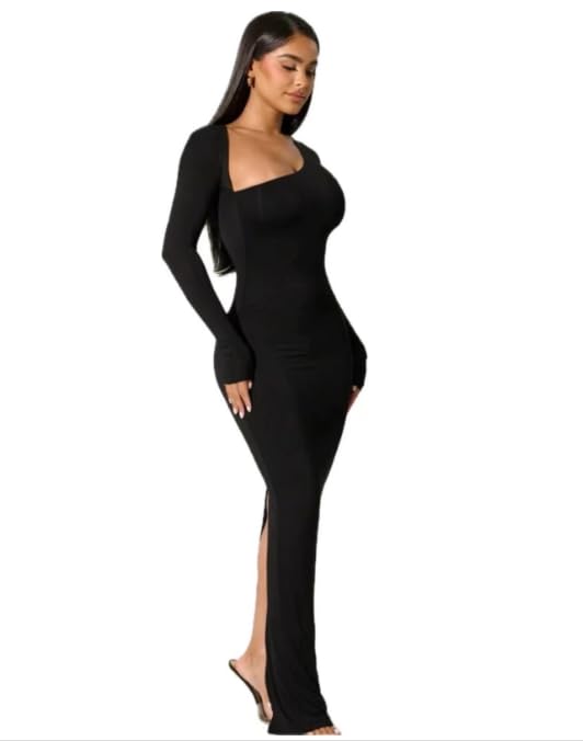 Women's 2024 Fall Long Sleeve Slant Neck Slimming Back Split Fashion Dresses Midi Dress2