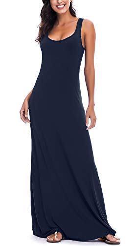 EXCHIC Damen Sommer Leichte Ärmellos Strand Maxi Kleid Elegant Elastisch Tunika Lang Kleider (L, Marine Blau)