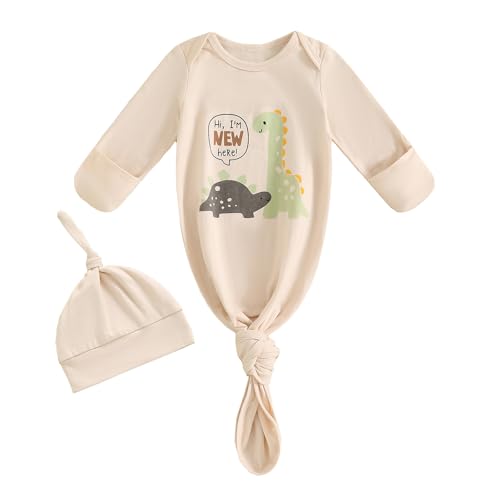 Image of Newborn Boy Girl Coming Home Outfit Baby Infant Sleeper Gown Nightgown Outfits Cute Fall Winter Pajamas and Hat (X Dinosaur New Here Beige, Newborn)