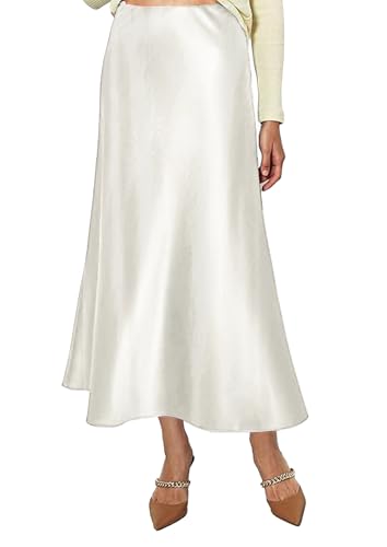 Vossmi Mujer Falda Midi de Satén Elegante A Línea Faldas Cintura Alta Largo Falda Seda Color Liso Bodycon Lápiz Oficina Informal Skirt Invierno Blanco,L
