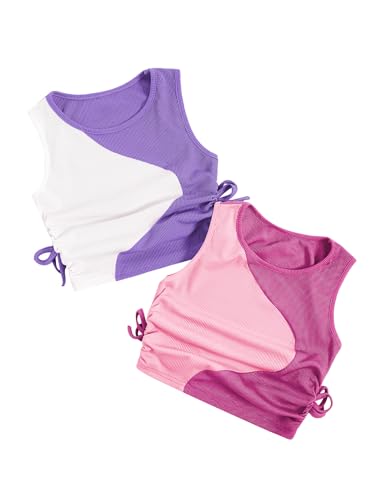 Milumia Girl's 2 Pack Color Block Ruched Knot Side Knit Round Neck Crop Tank Tops