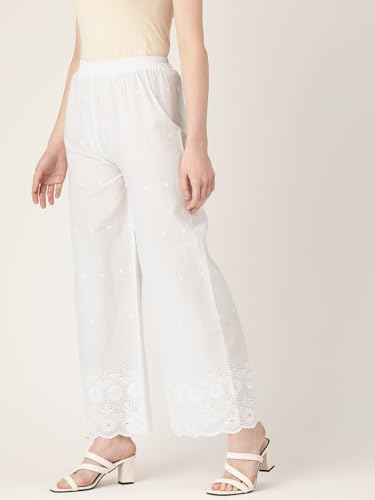 Image of feranoid White Chicken Embroidred Cotton Regular Fit Palazzo