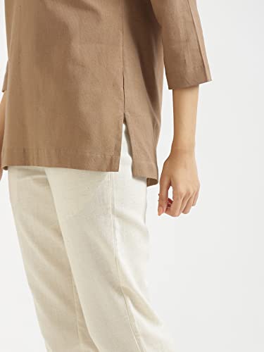 Image of SAADAA Women Short Kurti Airy Linen Regular Fit Kurta with 3 /4th Sleeves, Mandarin Collar, Side Slit Perfect for Casual, Formal, and Ethnic Wear