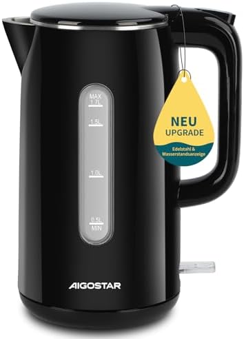 Aigostar Lydian - RVS waterkoker met waterniveau-indicator, 1,7 liter, snel koken tot 100°C in 4 minuten, zwart elektrische waterkoker met kalkfilter, koel-aanraak dubbelwandig ontwerp, BPA-vrij