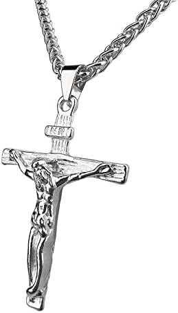ORENTINI 3.5mm 18K Gold Plated Cross Pendant Figaro Chain Necklace with Jesus INRI Crucifix for Men, Woman. 22.5In Length Lobster Clasp (925 Sterling Silver Plated)