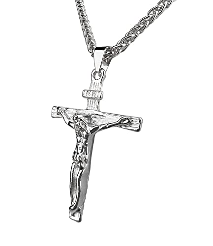 Orentini 3.5Mm 18K Gold Plated Cross Pendant Figaro Chain Necklace With Jesus Inri Crucifix For Men, Woman. 22.5In Length Lobster Clasp (925 Sterling Silver Plated) #TOP3