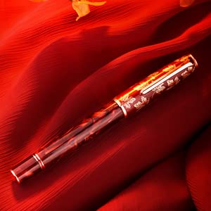 Hongdian N8 Red Acrylic Fountain Pen, Long Blade Fine Nib Rose Gold Trim Maple Leaves Carving Cap, Smooth Writing Pen With Converter And Metal Pen Box Set #TOP2