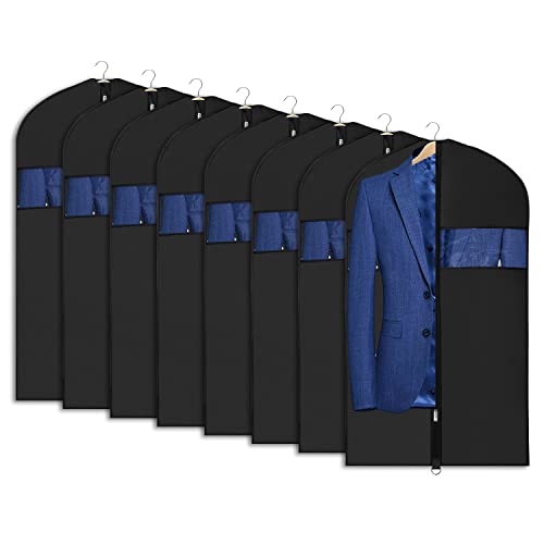 Image of Univivi 8 Pack Suit Bags 43 inch Waterproof Black Garment Bag, Coat Covers from Dust with Zipper and Transparent Window, for Hanging Clothes, all coats, suits, women shirts, tuxedos, uniforms, winter