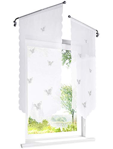 GOLDION Bistrogardine mit Lasercut Schmetterling Muster Scheibengardine mit Quaste Voile Transparent Gardine 1 Stück (BxH 80x150cm, Weiß) Cover