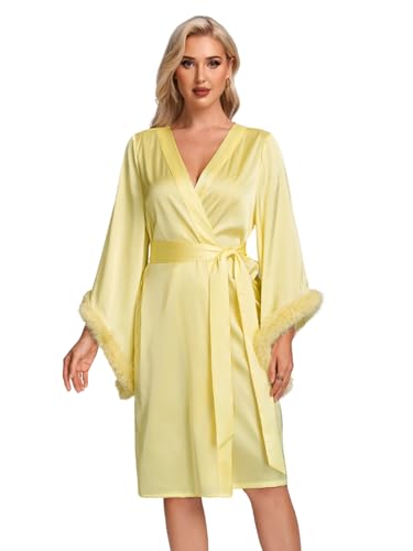 silkola Satin Robes for Women Bridal Bridesmaids Robe Silk Robe with Faux Fur Trim Satin Bell sleeves Wedding Dressing Gown (US, Alpha, Medium, Regular, Regular, Yellow)