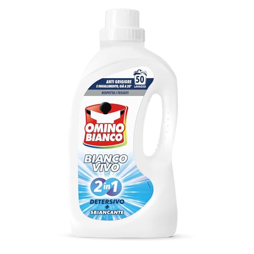 Omino Bianco - Detersivo Lavatrice Liquido Bianco Vivo 2in1 con Sbiancante, 50 Lavaggi, Azione Anti-Grigiore e Ingiallimento, Efficace a 20°, Rispetta Tessuti e Colori, 2000 ml