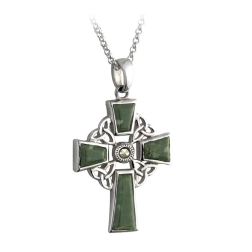 Biddy Murphy Irish Celtic Cross 18" Necklace with Connemara Marble, Trinity Knot Catholic 925 Sterling Silver Pendant, Fine Jewelry Imported Direct from Ireland