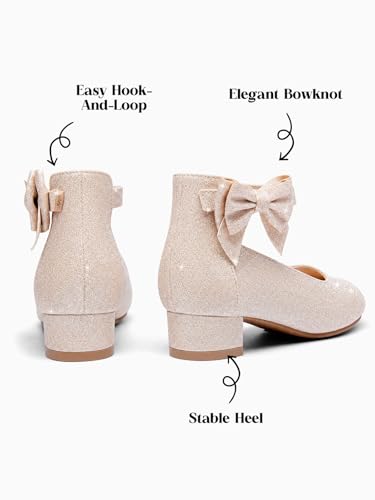 Image of Coutgo Girls Dress Shoes Flower Girl Bow Chunky Heels Closed Toe Ankle Strap Pumps Wedding Party Princess Shoes