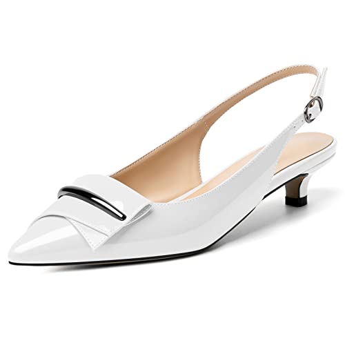 YODEKS Women's Slingback Low Kitten Heel Pumps Pointed Toe Heels Adjustable Strap Heeled Buckle Casual Wedding Shoes2