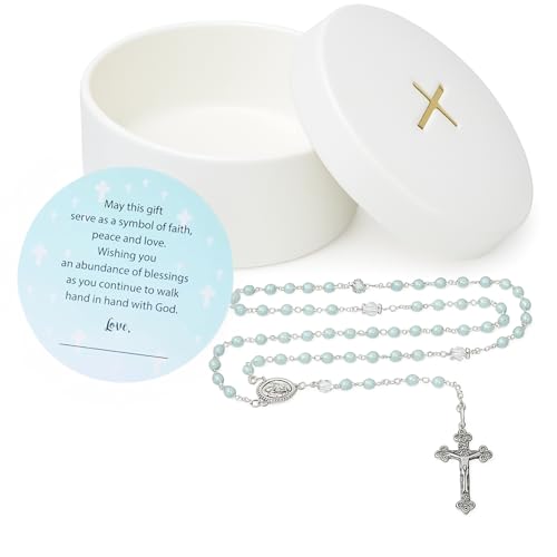 Sweet Treasures Gift – Baptism Gifts for Boys, First Rosary with Ceramic Keepsake Box and Card, Catholic Communion Gift, Christening and Baby Shower Rosary Beads, Blue