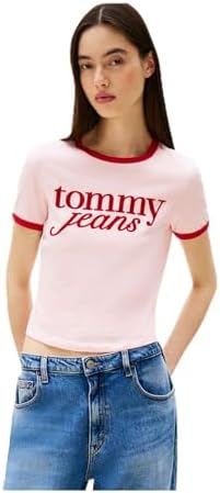 Tommy Hilfiger TJW SLIM SH SCRIPT RINGR TEE EXT Kadın T-shirt, Pembe, S - Görsel 1