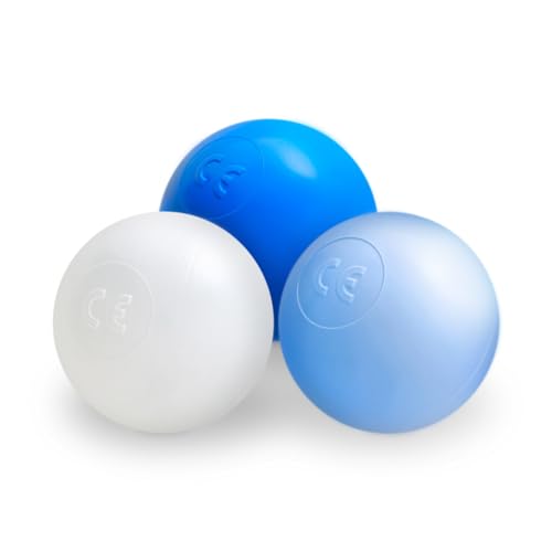 MISIOO Bälle für Bällebad 150 Stück - Bälle Ø 6 cm - Plastikbälle aus 100% LDPE - Hellblau/Perlen/Blau