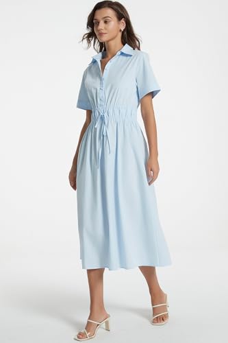 Image of Ladyful Women Casual Button Down Short Sleeve Shirt Dress Tie Waist Midi Shirt Dress Elegant Business Party