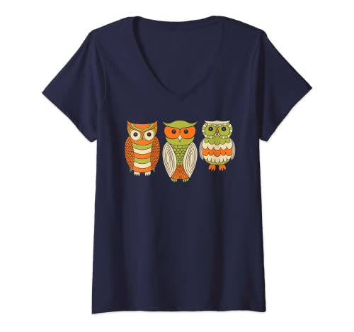 Womens Cute Vintage Owls 1970s Style Graphics V-Neck T-Shirt