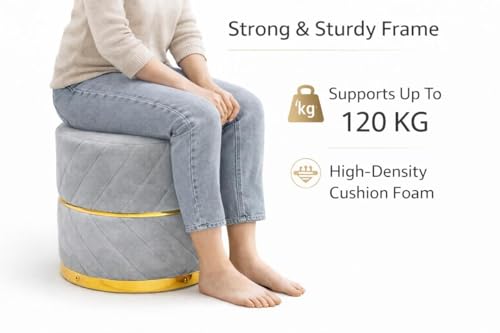 Image of Premium Velvet Puffy Ottoman Stool for Living Room | Round Footrest with Diagonal Channel Stitching & Gold Metal Base | Luxury Pouffe for Bedroom & Dressing Area (Set of 2 Light Grey)
