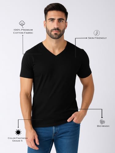 Image of Friskers Men's V-Neck Short Sleeves Cotton T-Shirt - Casual T-Shirt, Regular Fit