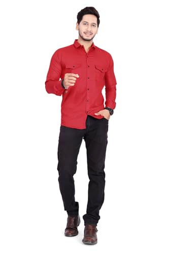 Image of Men's Cotton Spread Collar Full Sleeve Regular Fit Solid Casual Shirt with Double Pockets - Stylish Comfortable Shirt for Everyday Wear