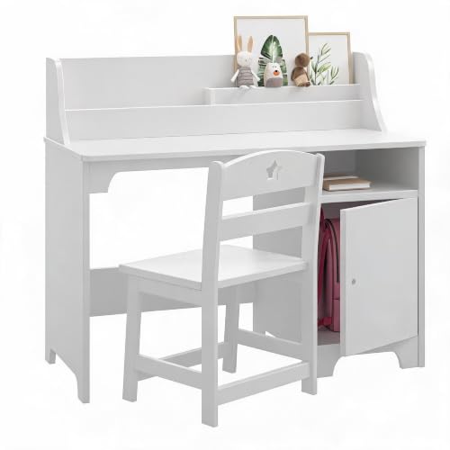 Acekool Conjunto Escritorio y Silla Infantil de Madera - Mesa de Estudio con Estante y gabinete - Diseño ergonómico y Duradero - para Dormitorio y Sala de Estudio - Ideal para Escribir y Ordenador -