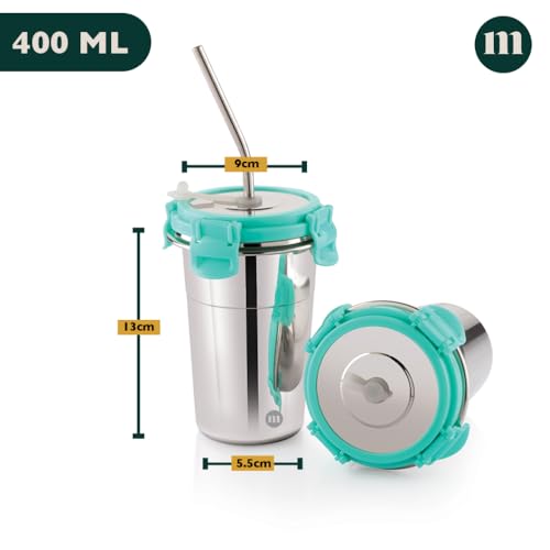 Image of MARU Stainless Steel Tumbler 400ml with Lid, Reusable Straw & Cleaning Brush - Durable, Leakproof & Portable Sippy Cup - Ideal for Travel, Office & Home (Green)