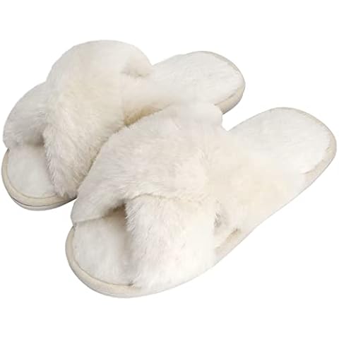 DOIOWN Women's Fuzzy Beige Slippers Memory Foam Cute House Slippers Plush Fluffy Furry Open Toe Home Shoes Bridal Bridesmaid Gifts for Wedding (Size 9-10) Cover