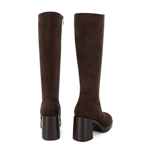 Image of SOVANYOU Black Leather Boots Platform Boots for Women Fashion Square Toe Chunky Block Heeled Boots Side Zip