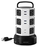 Power Strip Tower JACKYLED Surge Protector Electric Charging Station 3000W 13A 16AWG 10 Outlet Plugs with 4 USB Slot + 6ft Cord Wire Extension Universal Socket for PC Laptops Mobile