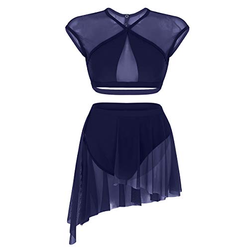 iiniim 2 Piezas Traje de Danza Lírica Contemporánea para Mujer Chica Vestido Elegante de Ballet Baile Conjunto Criss Cross Crop Top + Falda Corta Irregular Fiesta Actuación A Azul Marino L
