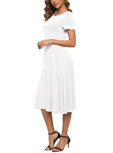 Image of EXCHIC Women's Casual Round Neck Short Sleeve Midi Dress Solid Stretchy Waist Knee Long Dress