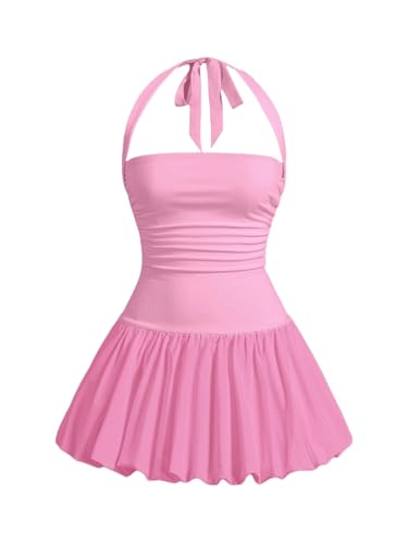 SOLY HUX Women's Bubble Mini Dress Y2K Halter Backless Club Party Graduation Short Dresses with Shorts Underneath Solid Pink Medium