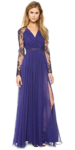 Aimerfeel Vestido de Encaje de Color Azul Oscuro de Manga Larga Vestido de Fiesta por la Noche a pie, tamaño L/36-38