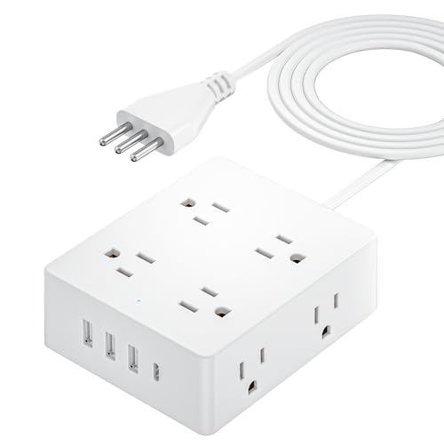 Italy Travel Plug Adapter Olcorife US to Italy Type L Plug Adapter International Power Strip with 8 Outlets and 4 USB(1 USB-C) 5 FT Cord for Italy Chile Ethiopia Libya