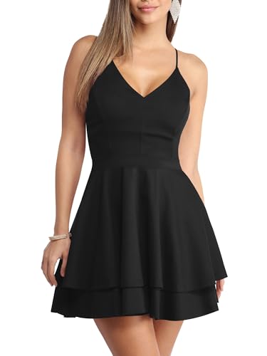 Image of Cosonsen Women's Dresses V-Neck Sleeveless Spaghetti Strap Summer Swing Mini Dress