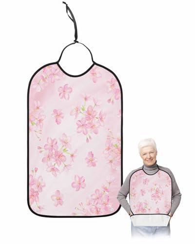 LEOKOTI Pink Spring Floral Adult Bibs for Eating, Waterproof Bibs with Food Catcher & Adjustable Snap Closure, Watercolor Cherry Blossom Washable Clothing Protectors Adult Bibs for Elderly Women/Men