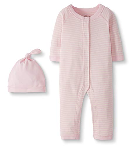 Moon and Back by Hanna Andersson Baby Snap Front One-Piece Organic Cotton Long Sleeve Romper with Cap Set, Pink, Preemie