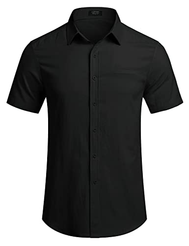 Coofandy Mens Casual Black Button Down Short Sleeve Shirts Summer Linen Beach Shirts Breathable Full Button Shirt thumb #3