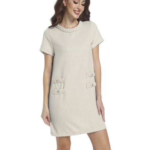 Tweed Jackie Dresses for Women Short Sleeves Crew Neck A-line Party Elegant Vintage Work Shift Mini Dress 2024