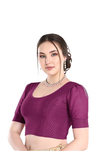 Image of FINESTFIT Stay On Trend Fashion 100% Cotton Readymade Blouses for Women,Round Neckline with Organza Balloon Sleeves.