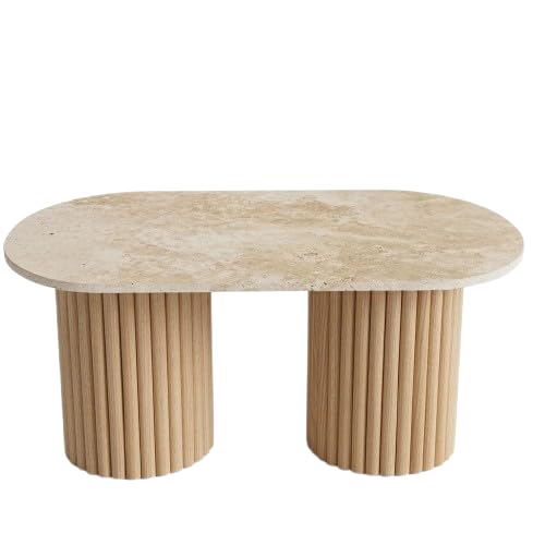 Table Basse Ovale Pilier, VÉRITABLE travertin et Bois cannelé | chêne Brut (Table Seule)